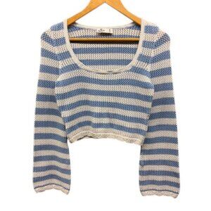 Hollister Crop Sweater Women’s M Blue White Stripe Crochet Knit Long Sleeve Cute